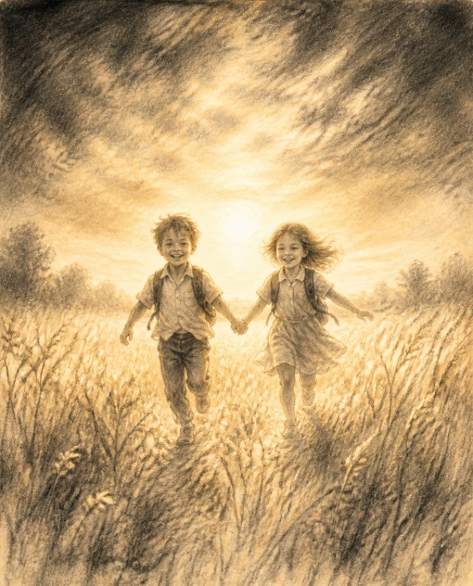 Charcoal drawing of two happy children running hand in hand through a field at sunrise