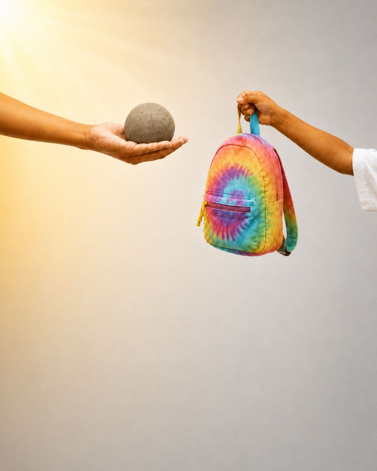 A hand in sunlight offers a ball of clay to a child holding a tie-dye school bag