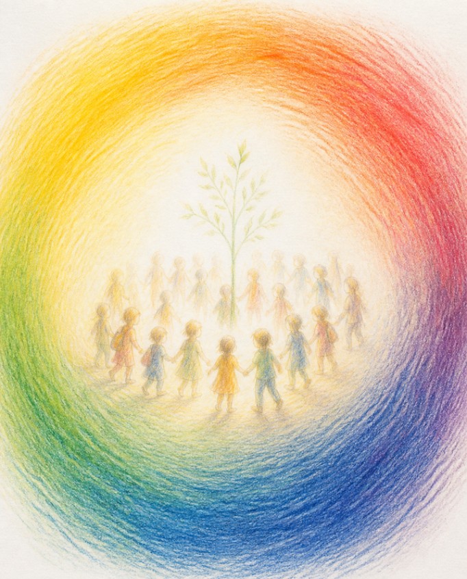 A colour circle in pencil, with many small children holding hands around a young tree in the light