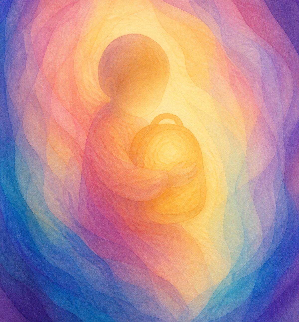 Veil painting of a child hugging a glowing school bag